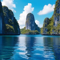 A Breathtaking Sunset Over a Peaceful Tropical Cove, Where Towering Cliffs, Lush Greenery, and Crystal-Clear Waters Reflect the Fiery Sky for travel.  