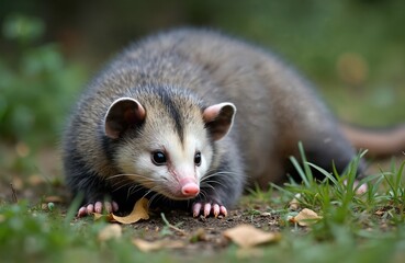 Opossum rests on ground. Wildlife in nature, marsupial with grey fur, pink nose, tail. Common in North America. Mimicking death, nocturnal, omnivore animal. Rural countryside scene with grass, mead.