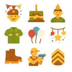 Army birthday icon set with nine colorful designs for party decorations. Perfect for militarythemed birthday celebrations and event planning.