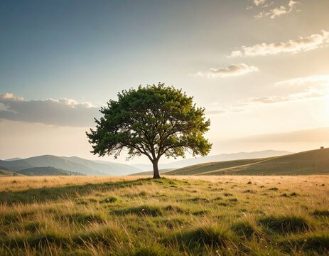 A solitary tree standing in a field of golden grass under a partly cloudy sky at golden hour light