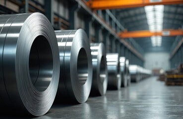 Cold rolled steel coils stainless steel sheets storage in warehouse. Metal industry manufacturing plant. Metallic rolls in warehouse. Automotive, construction metal materials. Rolls, sheets, coil