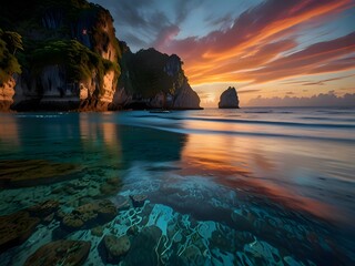 A Breathtaking Sunset Over a Peaceful Tropical Cove, Where Towering Cliffs, Lush Greenery, and Crystal-Clear Waters Reflect the Fiery Sky for travel.  