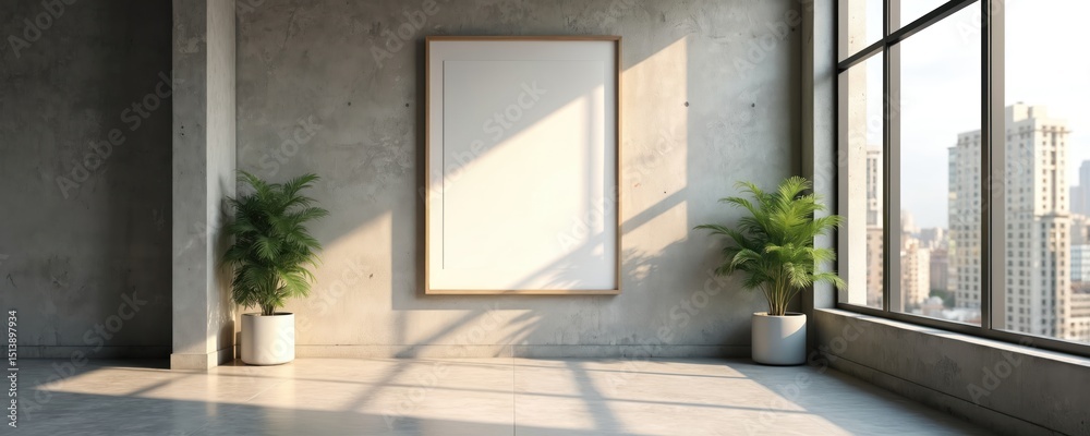 Aufkleber empty picture frame in modern minimalist loft apartment with city view. blank canvas art display. su
