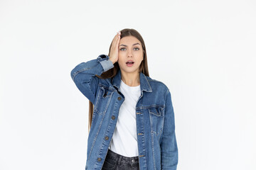 Photo of scared impressed lady wear jeans coat open mouth arm head isolated white color background
