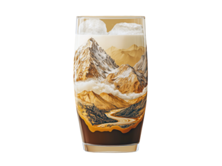 Iced coffee with swirling milk forming mountain landscape illusion in glass cup isolated on transparent background, png