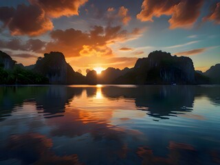 A Breathtaking Sunset Over a Peaceful Tropical Cove, Where Towering Cliffs, Lush Greenery, and Crystal-Clear Waters Reflect the Fiery Sky for travel.  