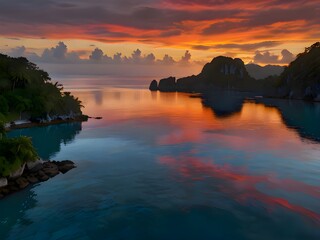 A Breathtaking Sunset Over a Peaceful Tropical Cove, Where Towering Cliffs, Lush Greenery, and Crystal-Clear Waters Reflect the Fiery Sky for travel.  