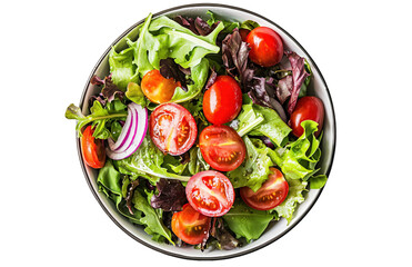 Fresh green salad with cherry tomatoes red onion and mixed leafy vegetables in bowl on transparent background, png