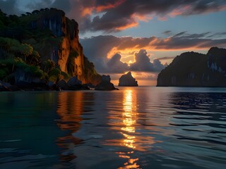 A Breathtaking Sunset Over a Peaceful Tropical Cove, Where Towering Cliffs, Lush Greenery, and Crystal-Clear Waters Reflect the Fiery Sky for travel.  