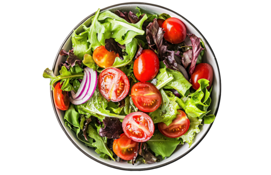 Fresh green salad with cherry tomatoes red onion and mixed leafy vegetables in bowl on transparent background, png