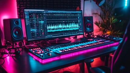 Music Studio Setup with Neon Lights, DAW, and Keyboard.