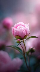 Close-up of delicate pink peony flower in soft pastel tones with gentle bokeh, perfect for greeting cards or wall art prints.