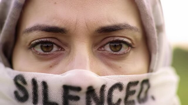 "Silenced" Veil Covering Woman's Face, Close-Up of Eyes Expressing Protest and Oppression