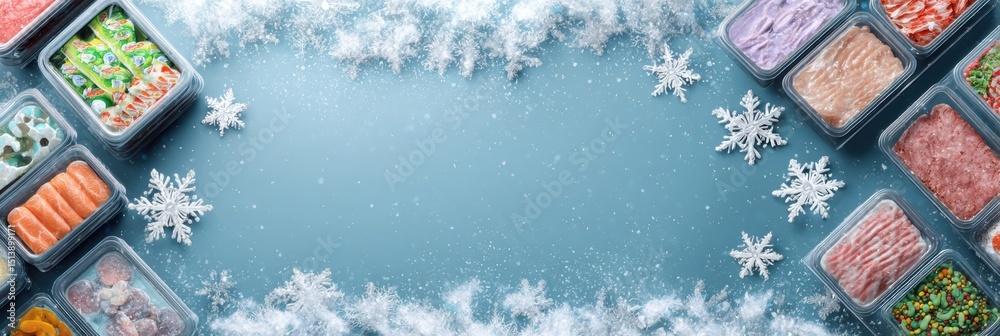Poster promotional poster mockup for frozen food month featuring a snowflake frame and product grid for a c