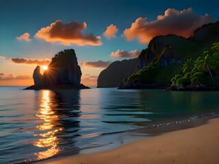 A Breathtaking Sunset Over a Peaceful Tropical Cove, Where Towering Cliffs, Lush Greenery, and Crystal-Clear Waters Reflect the Fiery Sky for travel.  