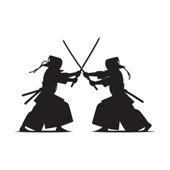 silhouette of two kendo fighters practicing with wooden swords