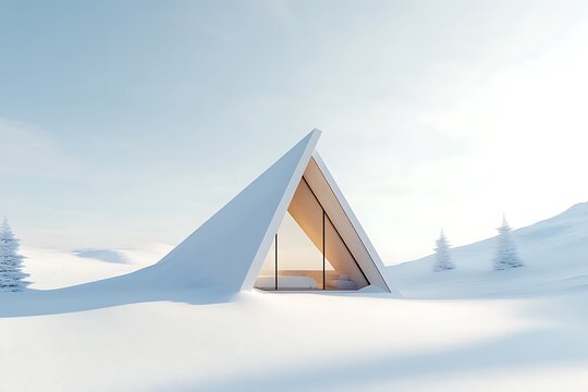 A minimalistic A-frame cabin with pure white snowy surroundings, clean and crisp design 