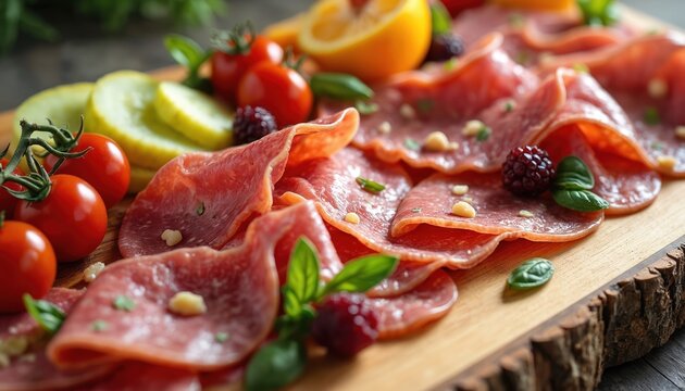 Colorful charcuterie board features fresh salami slices with tomatoes, berries, greens. Healthy, delicious snack, appetizer for brunch, event. Variety of food on wooden board. Savory, culinary