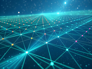 A vibrant futuristic digital network depicting a grid in 3D perspective