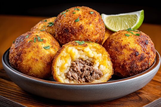 Crispy papas rellenas filled with spiced beef sit under warm lighting, showcasing their golden crust and creamy inside