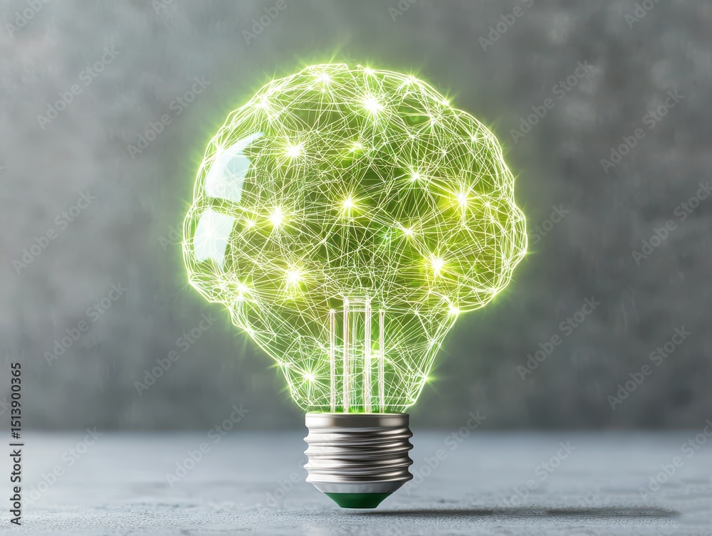 Poster business bright idea concept. light bulb shaped like a brain with glowing wires, symbolizing creativ