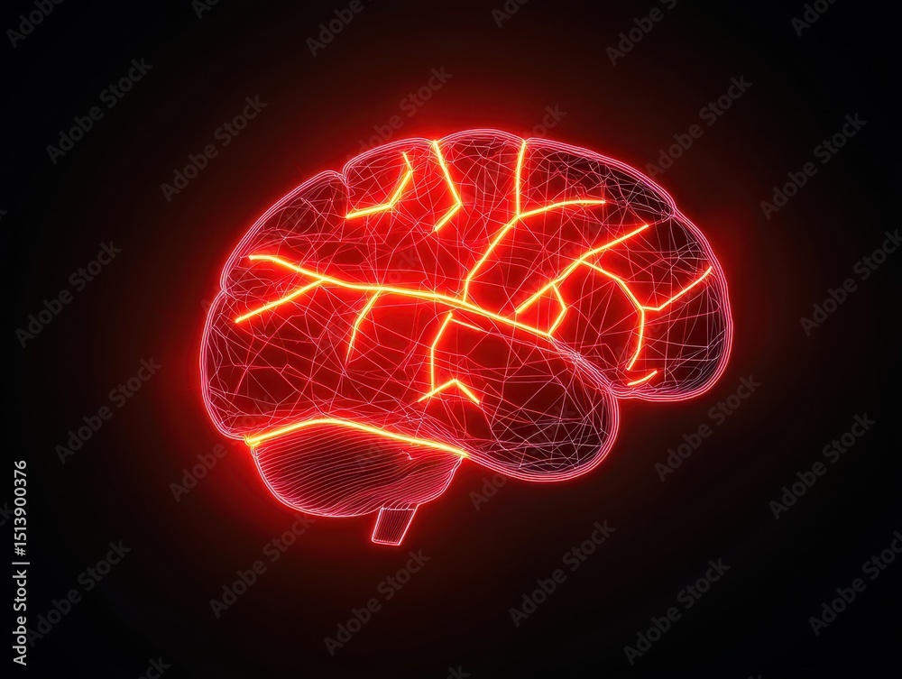 Poster business bright idea concept. 3D rendering of a glowing brain in a wireframe design against a dark background.