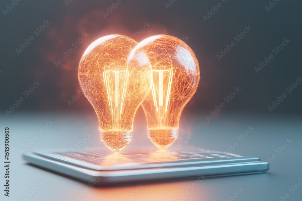 Aufkleber business bright idea concept. illuminated light bulbs with a wireframe design glowing on a surface.