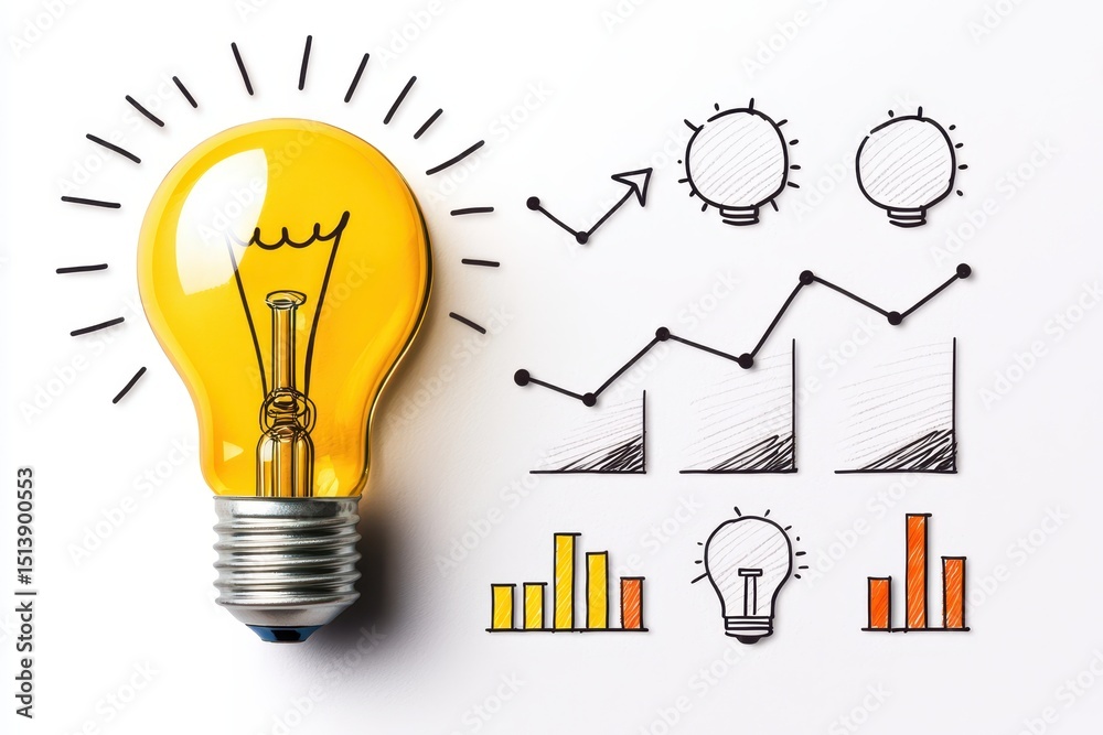 Poster business bright idea concept. light bulb with business graphs symbolizes innovation and growth in a 