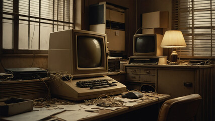 Vintage Computer Setup with CRT Monitor and Keyboard in Retro Office Environment