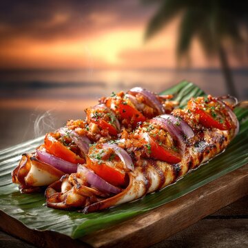 Enjoying inihaw na pusit filled with fresh ingredients, served on banana leaf at a coastal grill with a tropical view