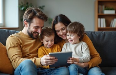 Happy family uses tablet together at home. Parents, two kids read watch content. Children use technology, play games. Modern tech family life, leisure, fun.