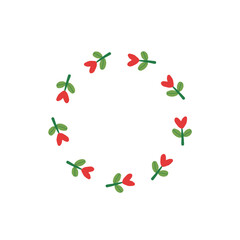 A circular arrangement of red hearts and green leaves on a white background. The design is simple and suitable for various decorative purposes.