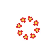 A circular arrangement of red flowers with yellow centers. The flowers are simple and stylized, creating a vibrant and cheerful pattern.