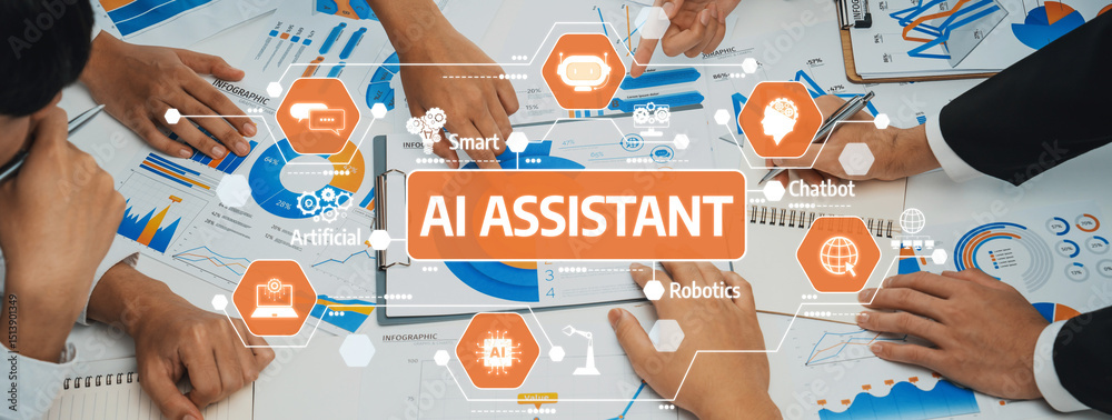 Poster collaborative environment showcasing ai assistant features, interaction in business context with gra