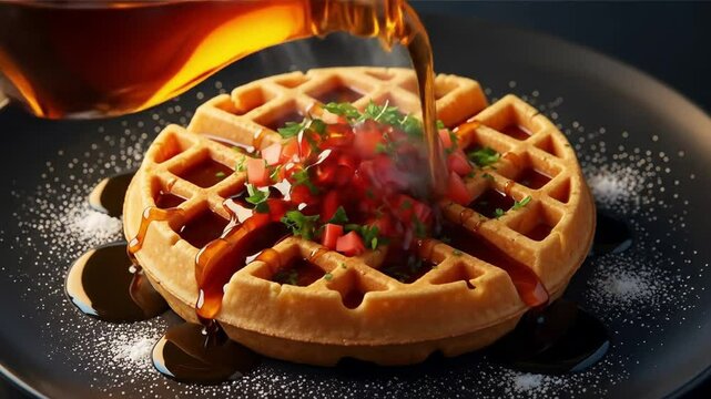 A delicious waffle topped with fresh tomatoes and herbs. 
