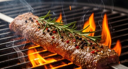 Perfectly Seasoned Meat Skewer Grilling Over Hot Flames with Smoke