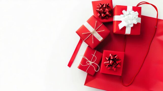 Festive red gift boxes, some with bows and ribbons, are piled on a red shopping bag against a clean white backdrop, perfect for holiday celebrations and promotions.