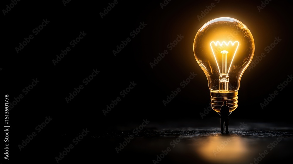 Poster business bright idea concept. illuminated light bulb glowing in darkness with a sleek design.