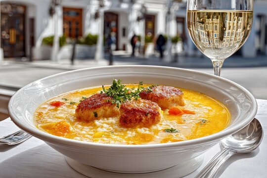 Arroz de tamboril featuring tender monkfish and colorful bell peppers brightens a cheerful afternoon on the terrace