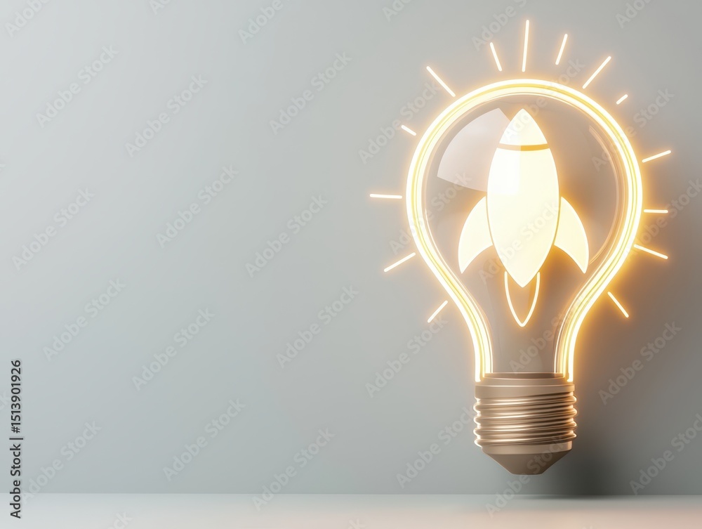 Poster business bright idea concept. light bulb design featuring a rocket symbolizing innovation and creati