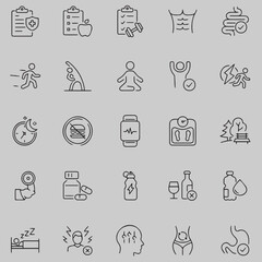 Healthy lifestyle set of web icons in line style. Fitness and sport icons web and mobile app. Work and rest, physical activity, exercise, gym, sleep, body care and a diet