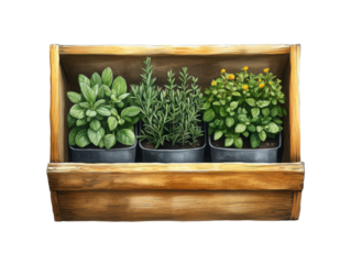 Three potted plants are displayed in a wooden box