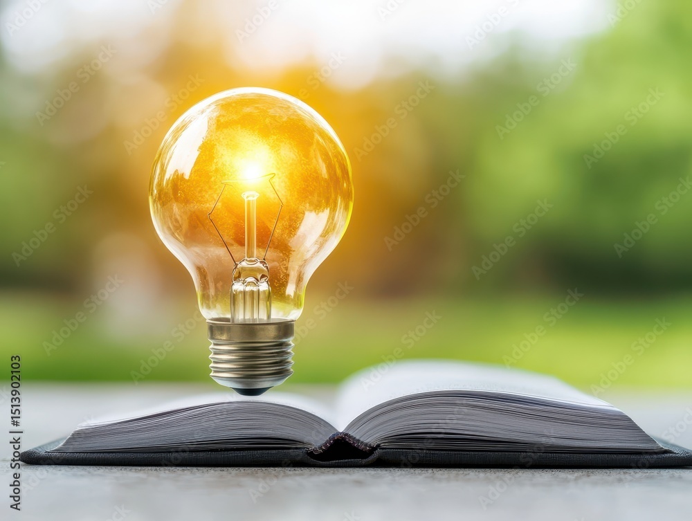 Poster business bright idea concept. an open book with a glowing light bulb floating above it, symbolizing 