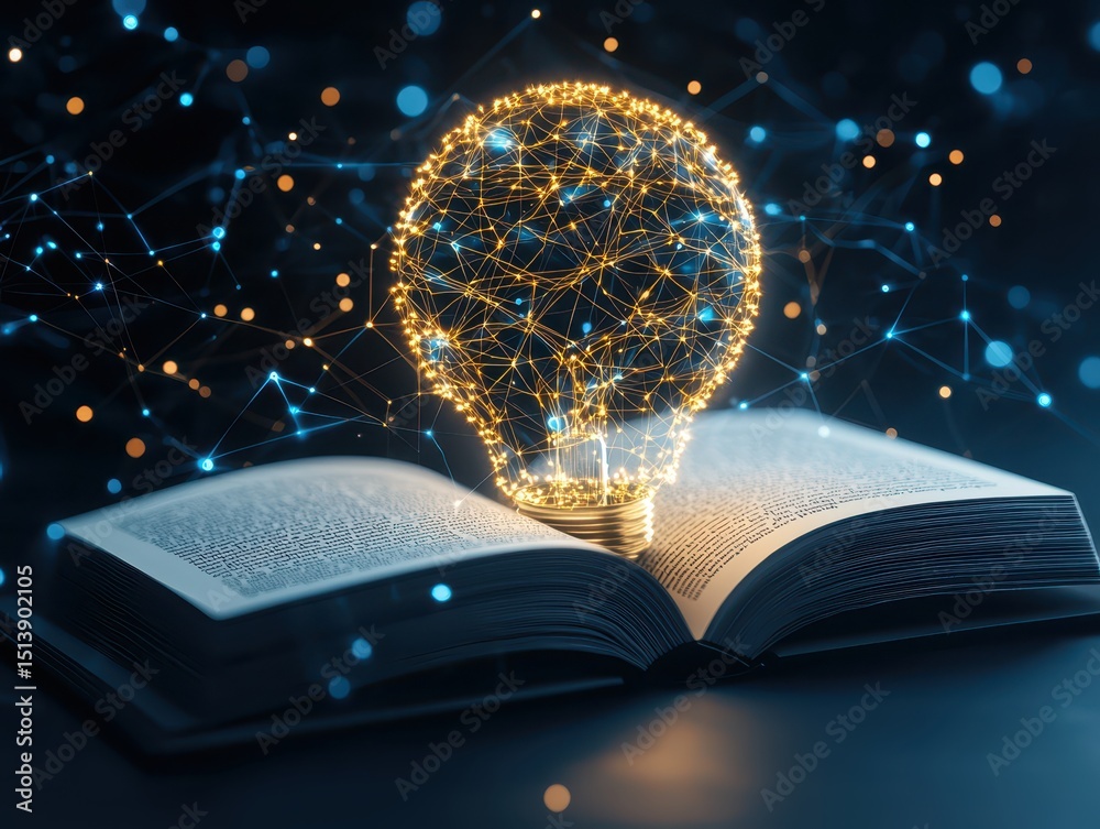 Poster business bright idea concept. a glowing light bulb emerges from an open book, symbolizing ideas and 