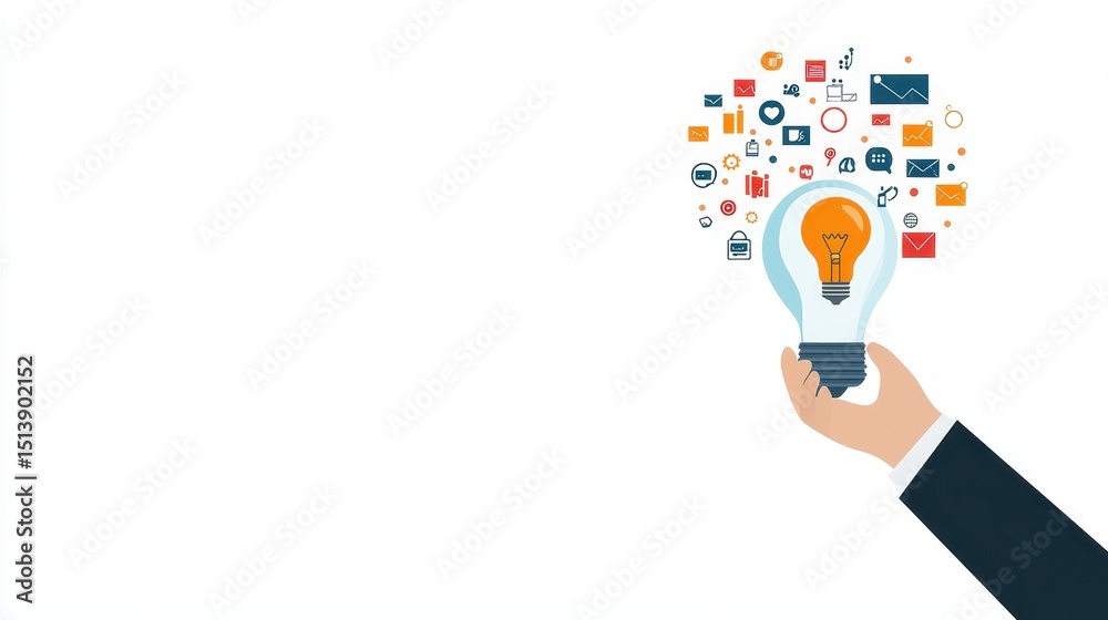 Poster business bright idea concept. a hand holding a light bulb with various communication icons above it.
