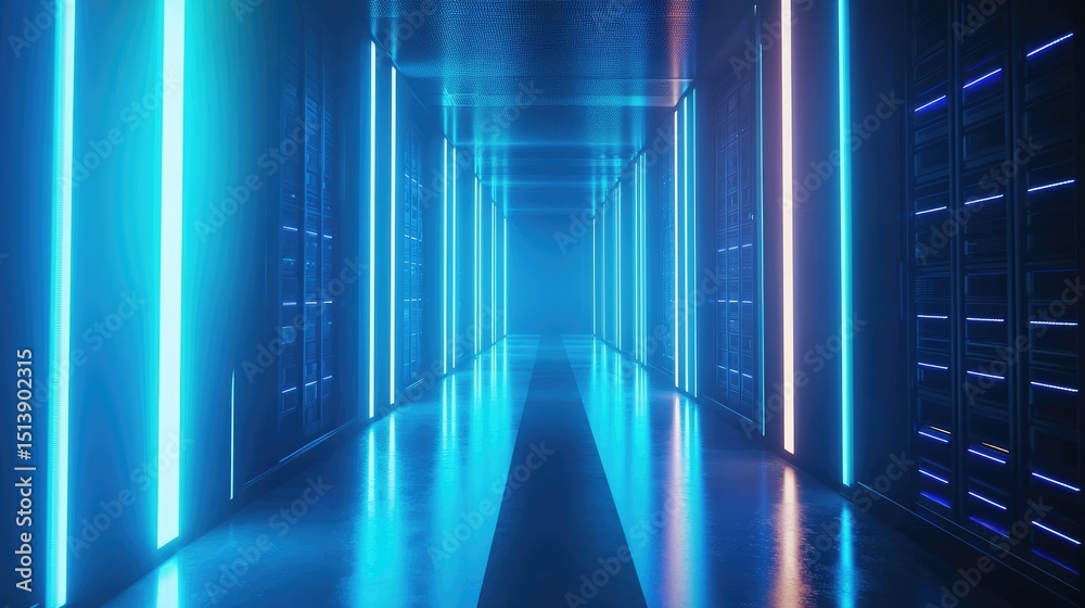 Aufkleber Futuristic data center corridor with glowing blue lights and server racks reflecting on a polished floor, ideal for illustrating cloud technology, networking, and cybersecurity concepts