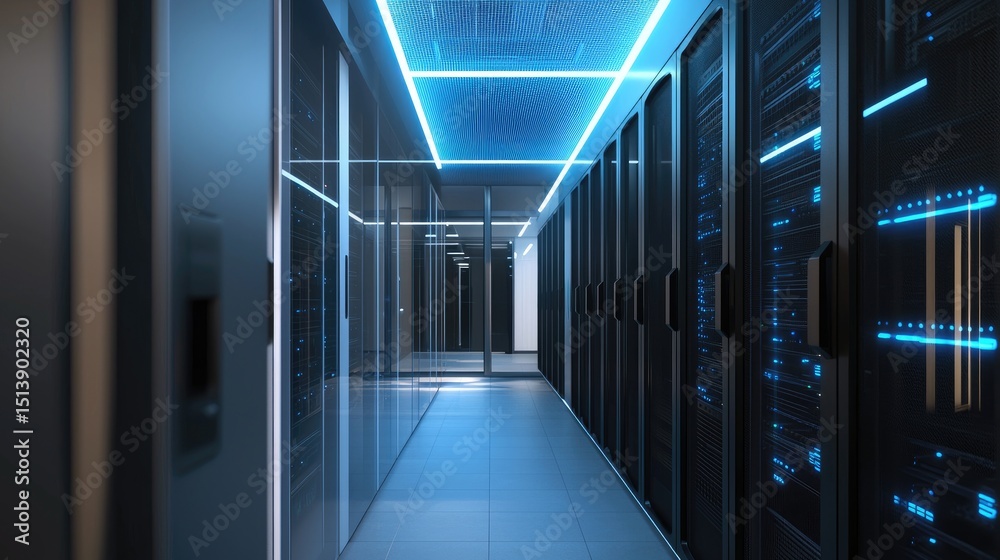 Aufkleber modern data center corridor with clean design and cool blue lighting, showcasing secure server racks