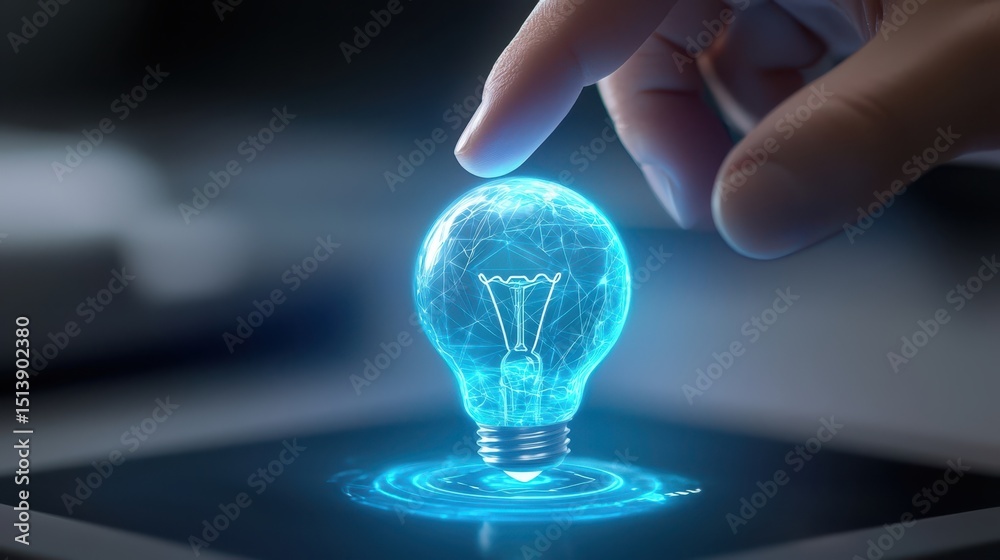 Poster business bright idea concept. a hand interacts with a glowing light bulb on a digital tablet, symbol