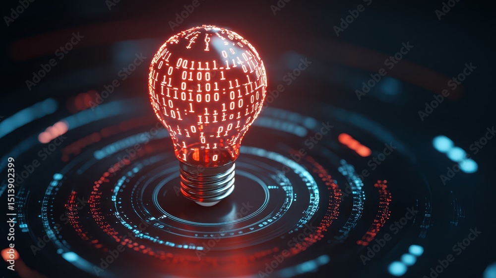 Poster business bright idea concept. Light bulb with binary code in a digital environment, symbolizing innovation and technology.