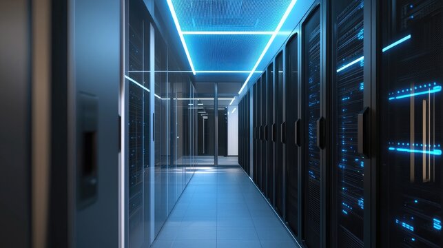 Modern data center corridor with clean design and cool blue lighting, showcasing secure server racks and technology systems ideal for IT, cloud computing, and digital networks